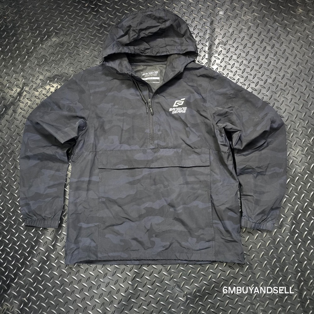 Banging Gears Camo Anorak‎ Jacket Large Black Nylon Hooded Windbreaker USA - Picture 8 of 10